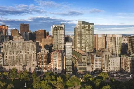 A rendering of the latest version of the narrow condo tower proposed for 171 Tremont St., overlooking Boston Common. 
